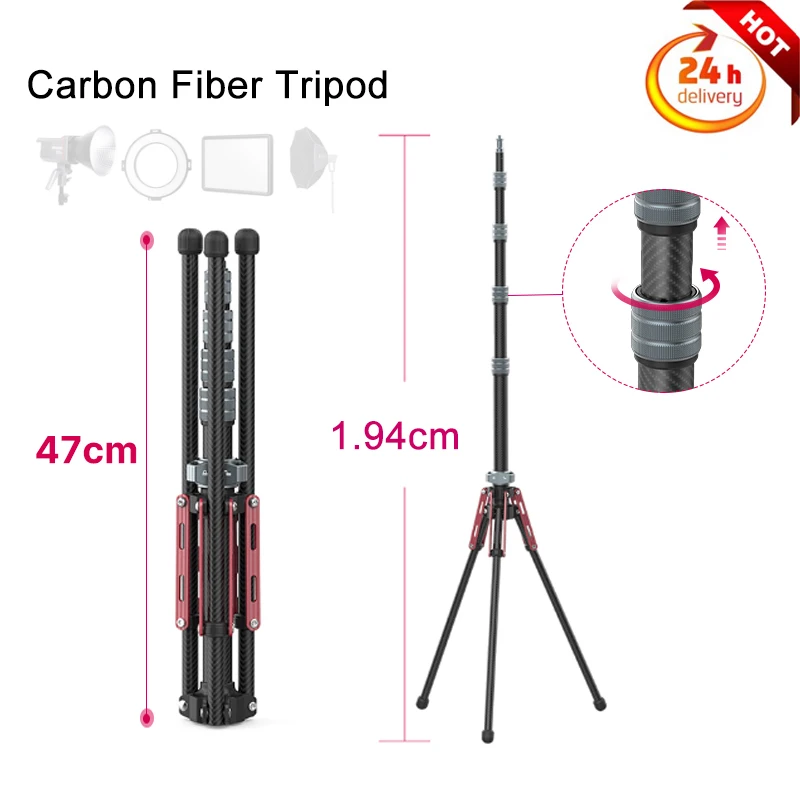 Enlarge Lightweight Carbon Fiber Tripod With Detachable Monopod Max 1.94m Extend Tripod Stand for 200x-s Light Softbox DSLR Cameras