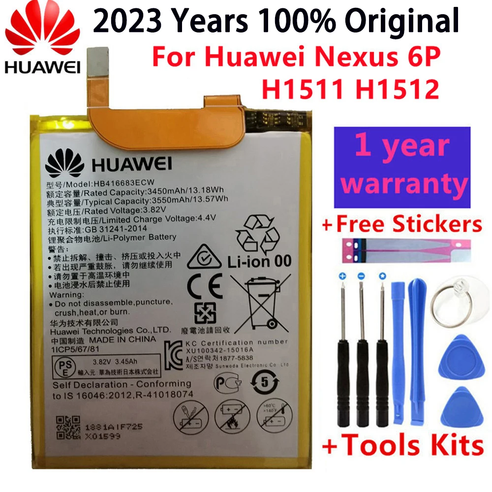 

2023 Years Original New HB416683ECW Real 3450mAh Battery for Huawei Google Ascend Nexus 6P H1511 H1512 Battery+Tools+Stickers