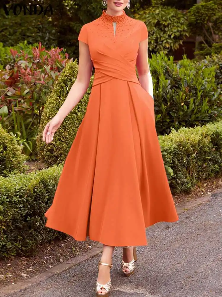 

Women Elegant Office Lady Midi Dress 2023 VONDA Sexy Short Sleeve Dress Bohemian Solid Color Turtleneck Sundress Vestido