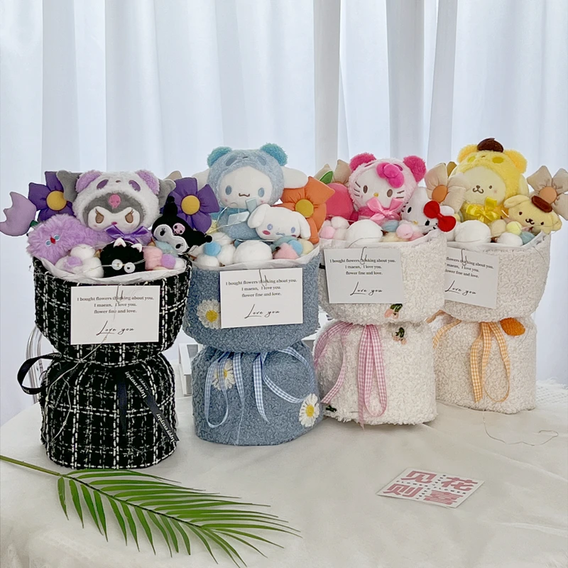 

Kawaii Anime Hellokittys Kuromi Plush Bouquet My Melody Cinnamoroll Pompompurin Soft Stuffed Doll Home Decor Christmas Gifts Toy