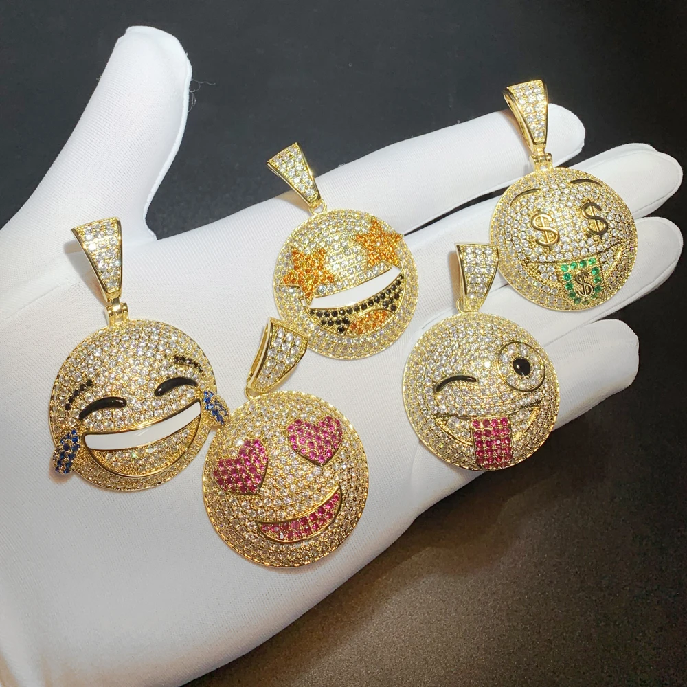 Iced Out Bling 5A Cubic Zirconia Happy Smiling Face Necklaces Micro Pave Cz Geometric Round Pendant for Men Hip Hop Jewelry