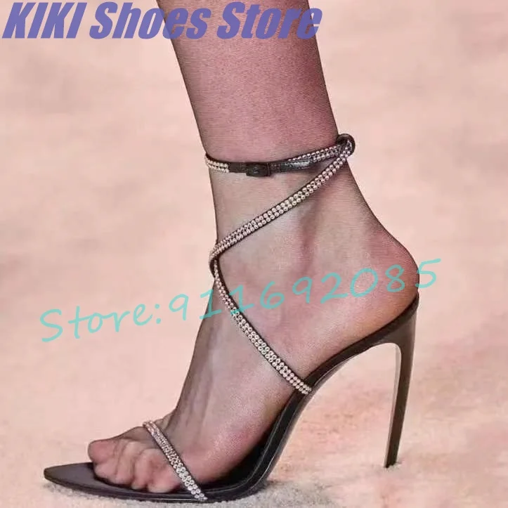 

Rhinestone fashion sandals women's summer new pointed high-heeled one-word belt shoes stiletto sexy open-toed nightclub sandals