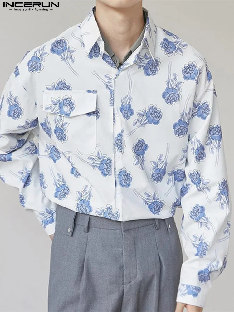 

Men Shirt Flower Printed Lapel Long Sleeve Pockets Button Loose Casual Camisas 2022 Korean Streetwear Men Clothing INCERUN S-5XL