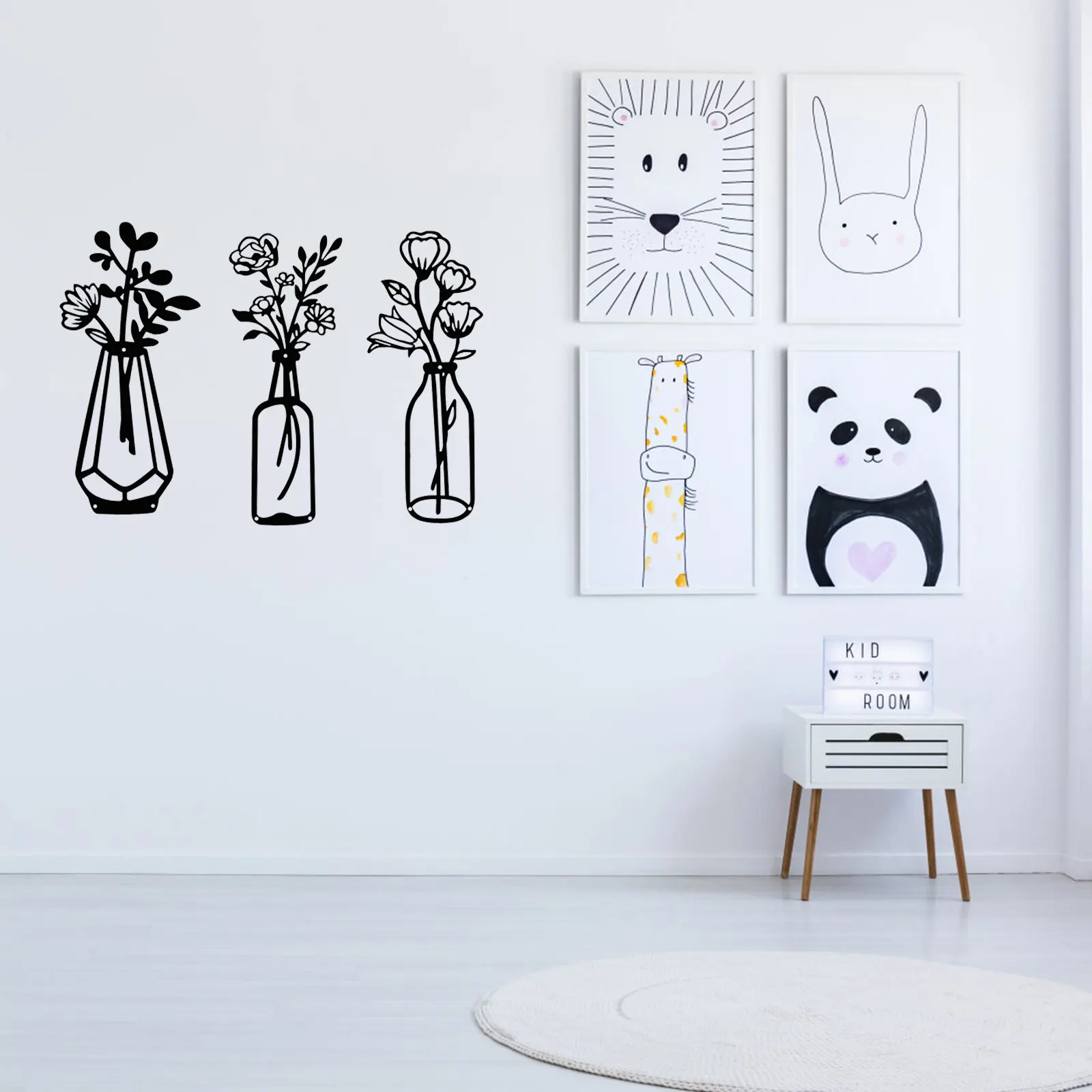 

3pc Metal Flower Wall Decor Minimalist Vase Wall Art BlackWire Iron Decor Floral Wall Sculpture for Kitchen Bathroom Living Room