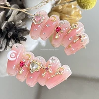 pink glitter rhinestone false nail tips full cover press on nails y2k handmade short coffin acrylic fake nail with glue diy gift