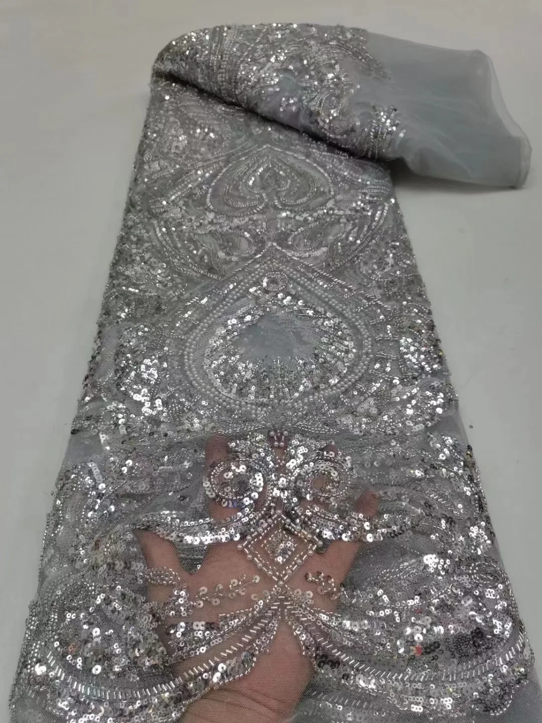 

Silver High Quality African Nigerian Tulle Lace Fabric WithSequins Embroidery Sewing Guipure Net Cloth Prom Dresses Beads 5yards