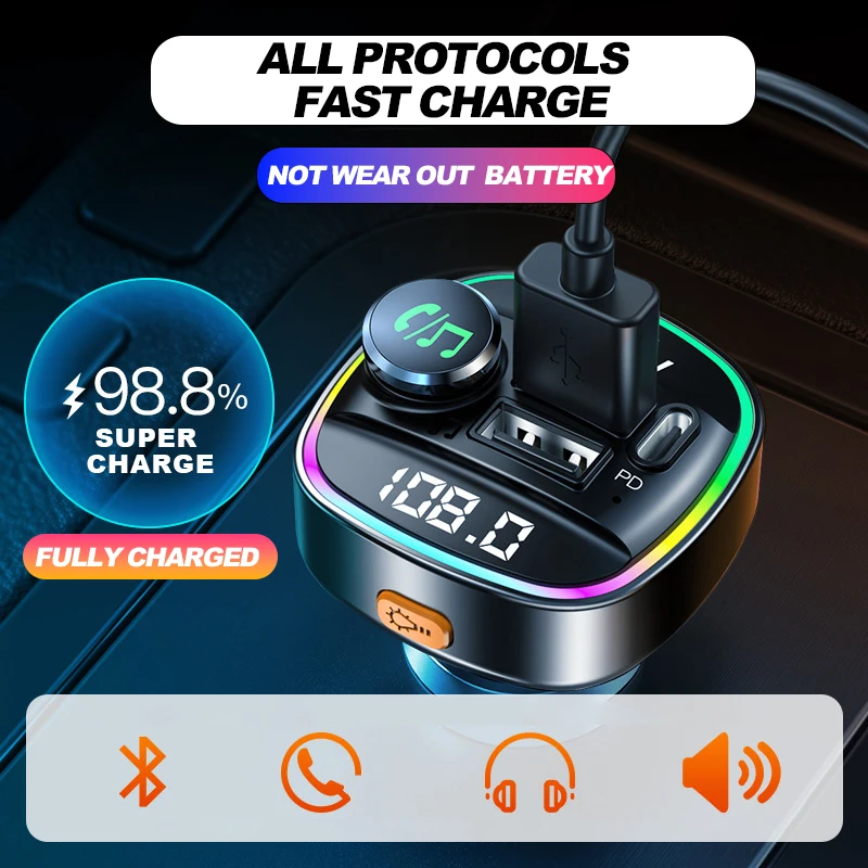 

FM-трансмиттер автомобильный с двумя USB-портами и поддержкой Bluetooth 5,0, 20 Вт