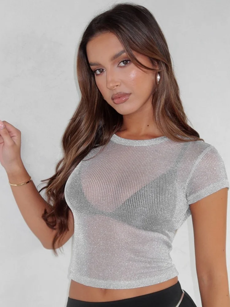 Женский прозрачный кроп-топ с длинным рукавом и круглым вырезом