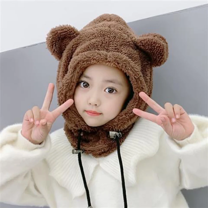 

Plush Bear Balaclava With Ears Mask Hat With Earflaps Cute Children's Thicken Warm Winter Hats For Women Girl Bonnet Female Hood