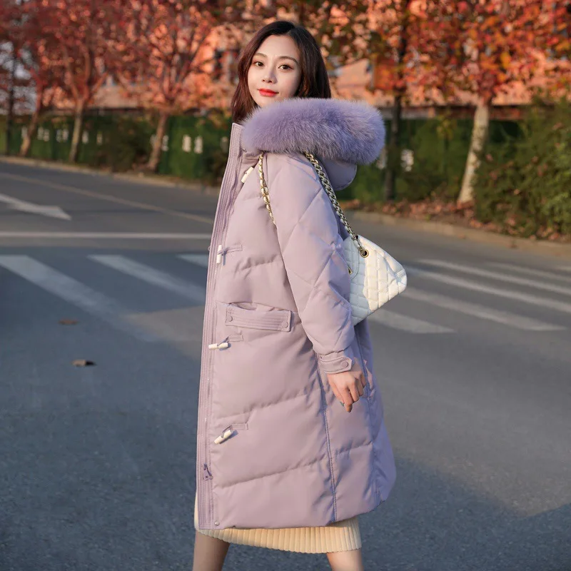 White Duck down Horn Button Korean Style down Jacket Women Hooded 2022 Winter Big Pockets Thick Coat Casacos De Inverno Feminino