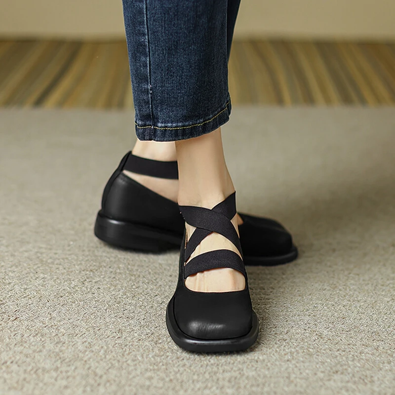 

NEW Spring/Fall Women Shoes Square Toe Chunky Heel Shoes Genuine Leather Mary Janes Slip-on Pumps Women Concise Soft Black Shoes