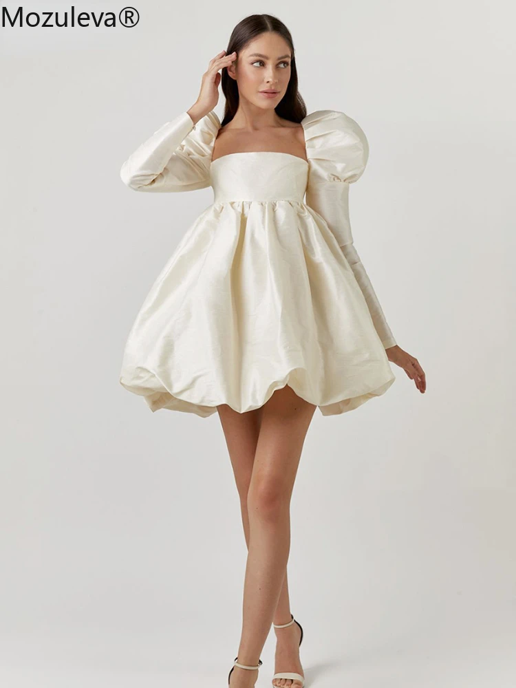 

Mozuleva Puff Sleeves Woman Party Dress Evening Chic Square Collar Ball Gown Dress Short Beige Satin Dresses Pleated Ladies