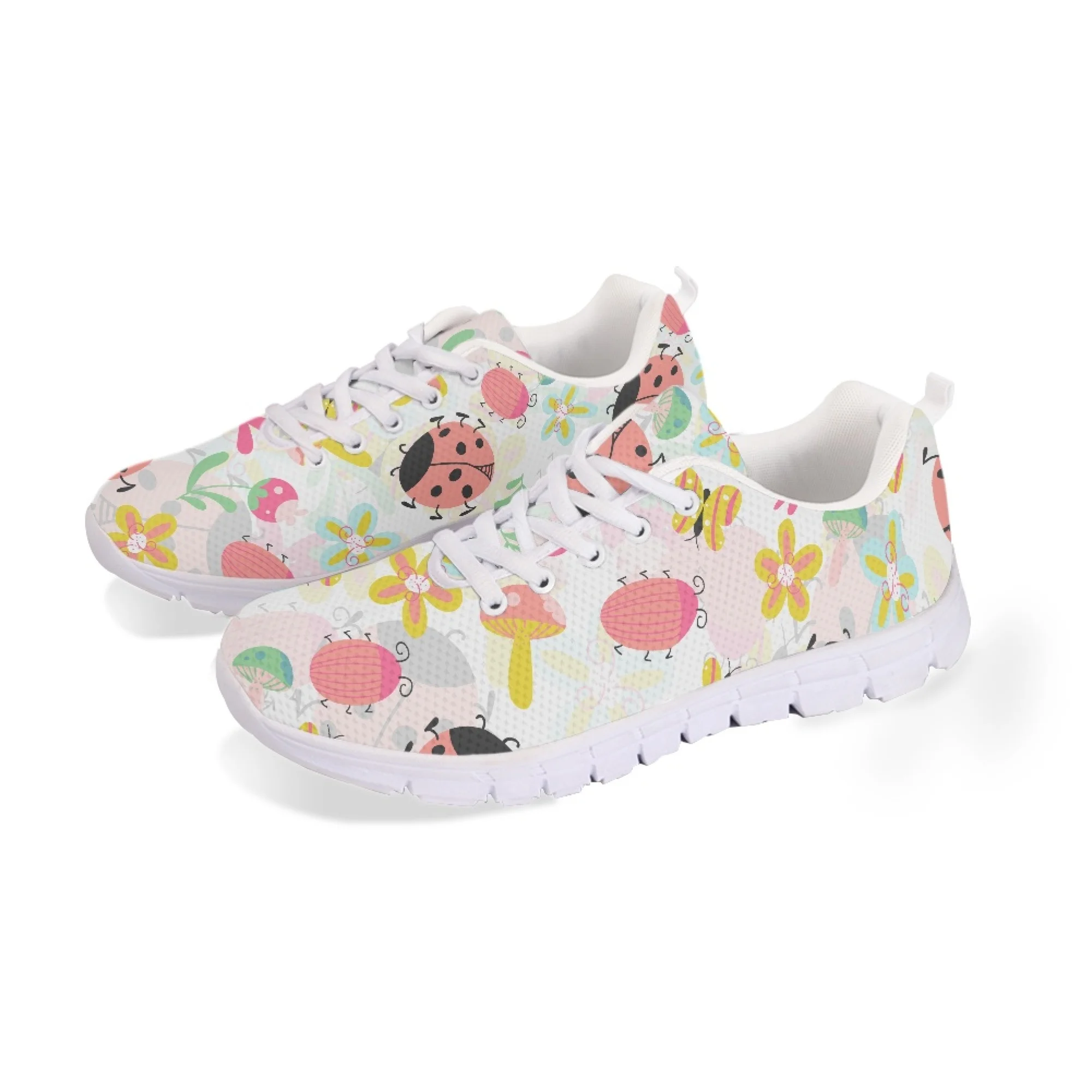Yikeluo Cartoon Pattern with Flower Printed Mesh Shoes Woman Spring Ladies Shoes Lace-Up Flats Sneakers Women Unsex Footwear