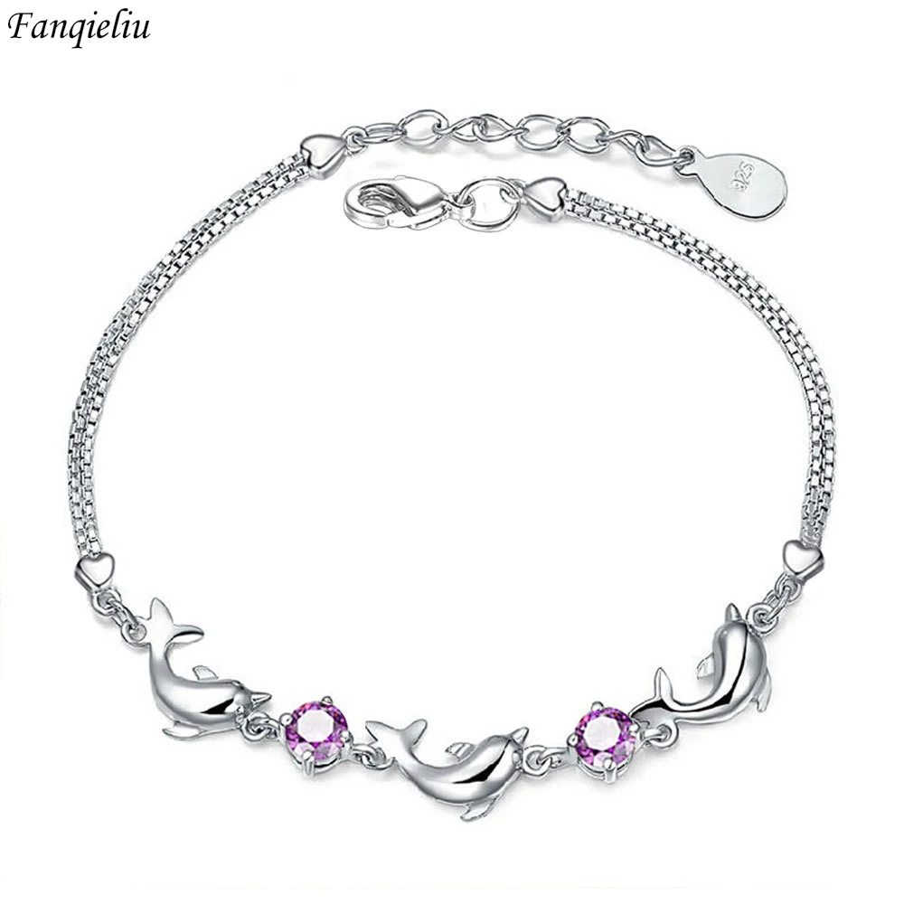 

Fanqieliu S925 Stamp Silver Color Cute Dolphin Zircon Link Bracelets For Women New Jewelry Girl Gift Trendy FQL20346
