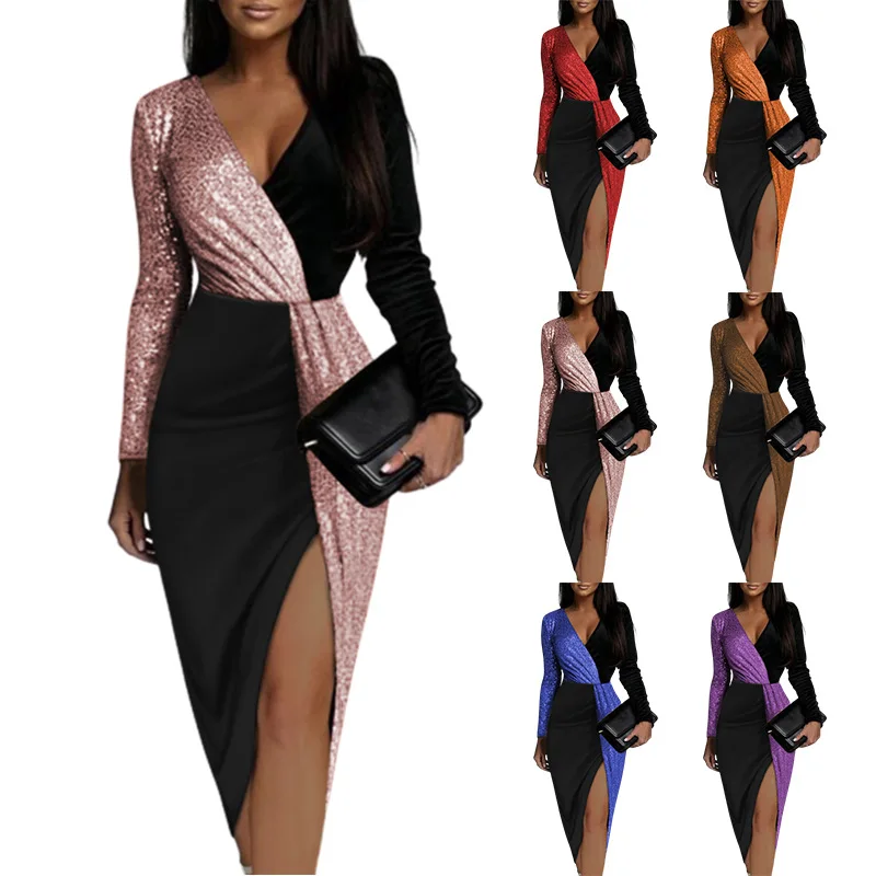 

2022 Match color National style High waist pure color temperament commuting MIDI long sleeve waist twinkle dress