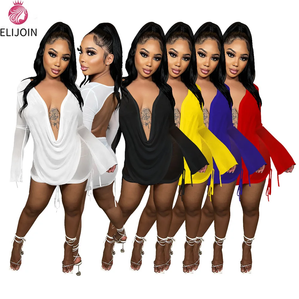 

ELIJOIN Sexy Club Mini Skirt New Gauze Net Solid Color Dress Set Gauze Two-piece Deep V-neck Fashion Mini Dress