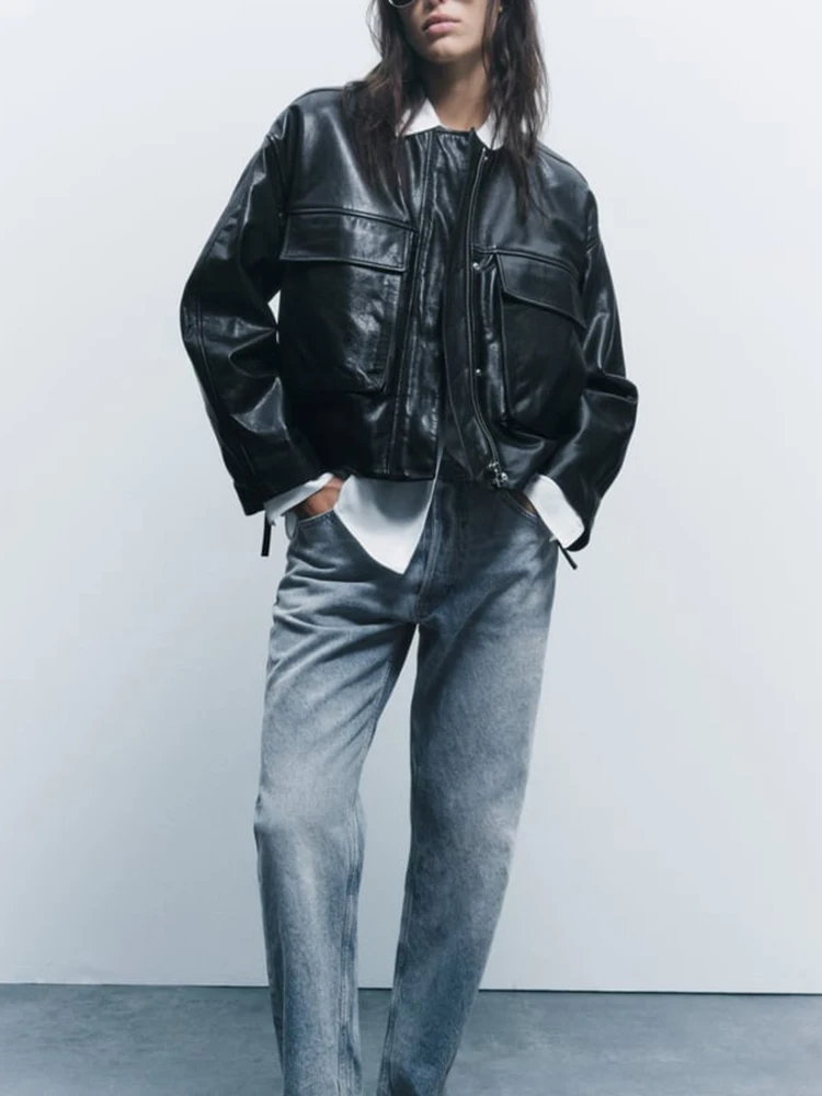 

Spring Autumn Women Leather Jacket Long sleeved Round Neck Sleeve Split Metal Zipper Coat Streetwear Y2K Motorcycle Jacket