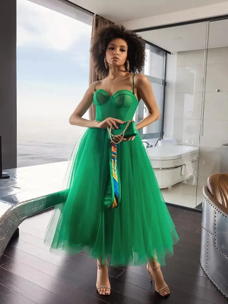 

Green Tulle Wedding Party Dresses Spaghetti Straps Magic Awn Bridal Sexy Gown Sweetheart High Waist A-Line Vestidos De Fiesta