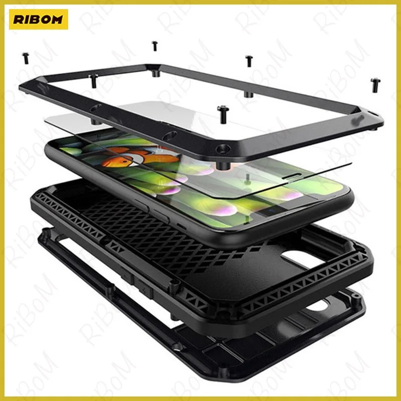 

Новинка закаленное стекло + металлический алюминиевый бронированный чехол для телефона IPhone 11 Pro XS MAX XR X 7 8 6 6S Plus 5S 5C 5 SE полноразмерный противо...