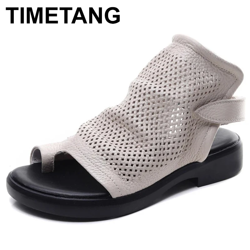 

Genuine Leather Hollow Out Sandals For Women Luxury Breathable Low Heel Open Toe Flip Flops Elegant 2023 Ladies Shoes