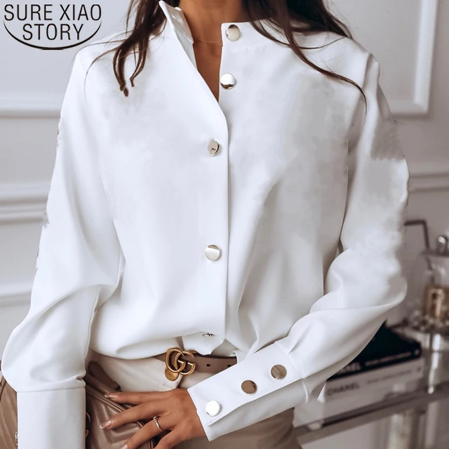 Moda mulher camisas 2023 primavera casual manga comprida blusa chique sólido branco preto coreano topos outono solto cardigan blusas 10619 1