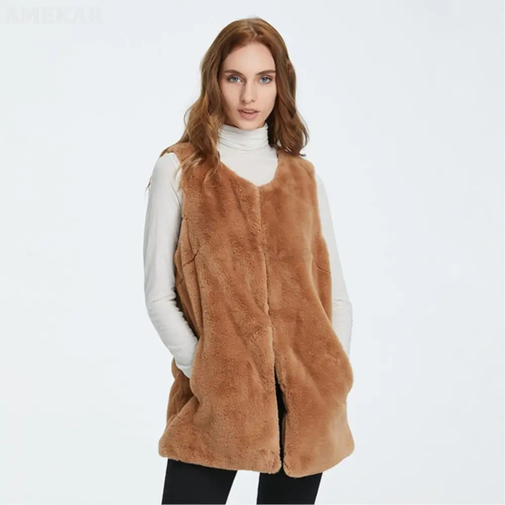Women Winter Real Fur Cardigan Vest Sleeveless Long Pure Color Single Breasted Coat Leisure Fashion Soft Fur Coat Women