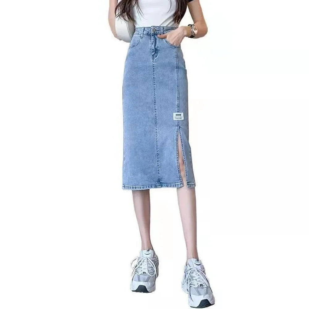 Женская длинная джинсовая юбка средней длины голубая Повседневная винтажная из