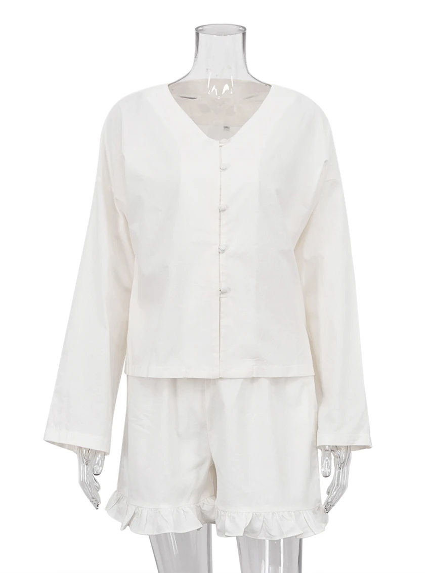 Marthaqiqi Fashion Peplum Women'S Pajama Set Sexy V-Neck Sleepwear Long Sleeve Nightwear Elastic Waist Shorts Femme Home Clothes