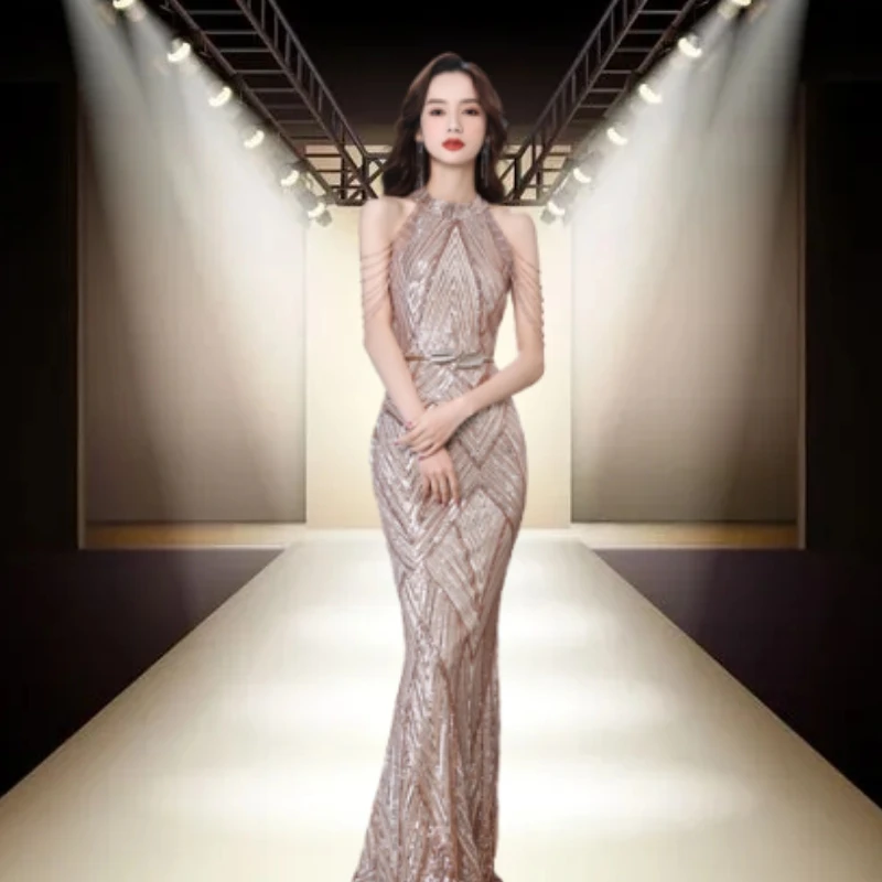 Elegant Banquet Glitter Sequin Temperament Host Model Runway Dress Sexy Fishtail Dress