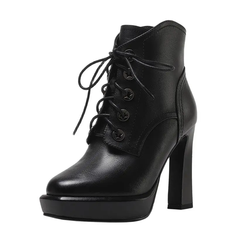 

Brand Genuine Leather Women Ankle Boots Lace Up Sexy High Heels Platform Shoes Woman Black Beige Dress Party Short Boots 34-40