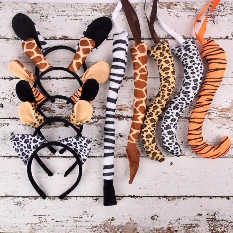 

Cosplay Tiger Giraffe Ears Hair Hoop Tail Set Animal Fancy Costume Kit Cartoon Headpiece Halloween Party Decoration