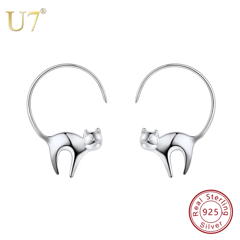 

U7 925 Sterling Silver Stud Earrings Cute Cat Women Jewelry Brincos Mother's Day Wholesale Gifts Sterling Silver Earings SC62