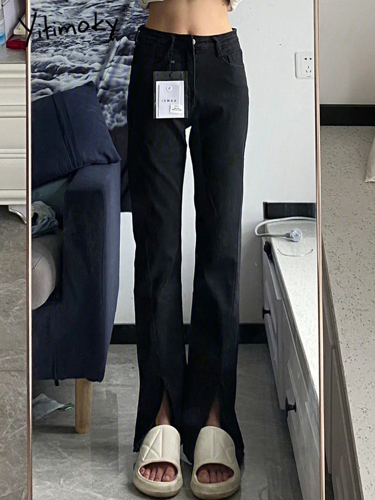 

Женские эластичные джинсы-клеш Yitimoky, узкие джинсовые брюки с разрезом спереди и высокой талией, 2023