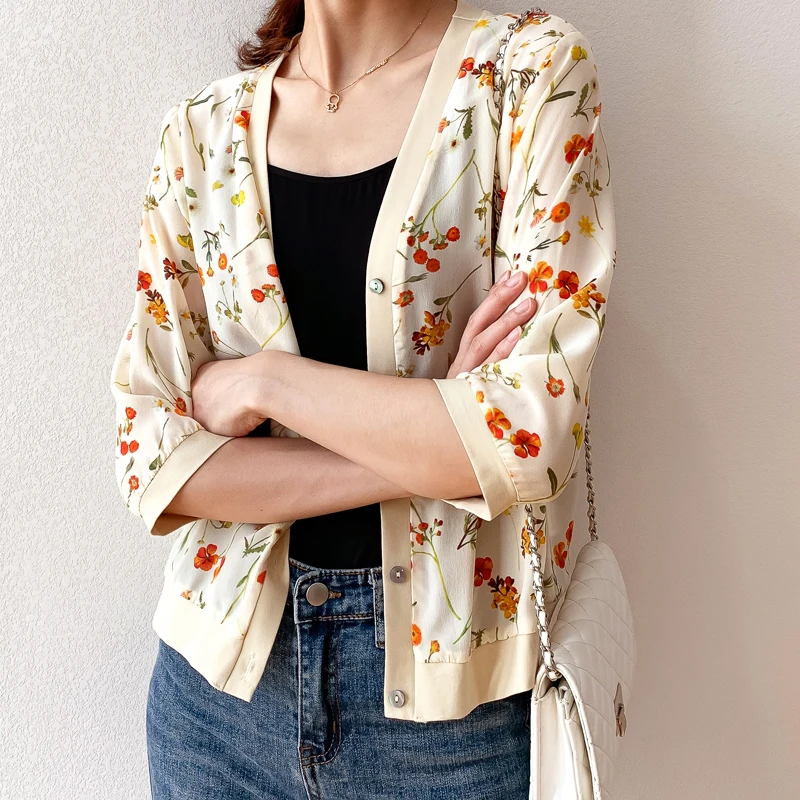 Women 100% Mulberry Silk Thin Type Coat Top Cardigan 3/4 Sleeve Buttons Down Blouse Shirt M L XL MM109-2