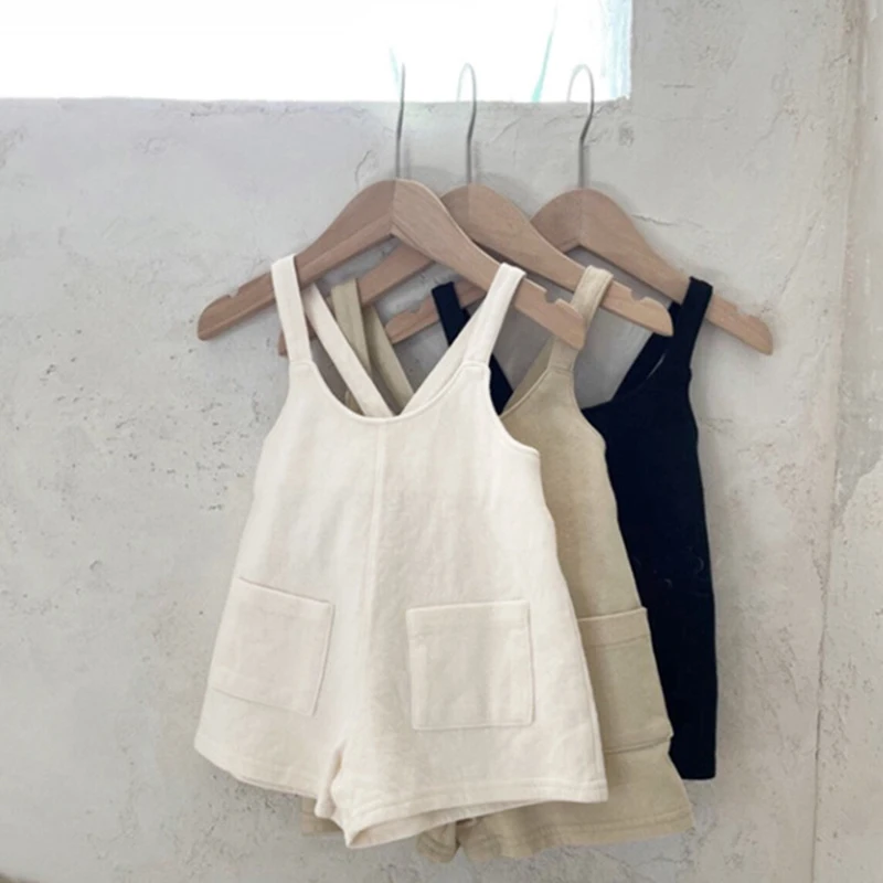 

Детские летние хлопковые шорты для девочек, одежда с карманами, комбинезоны, льняные новые свободные однотонные и Детские подтяжки для мальчиков