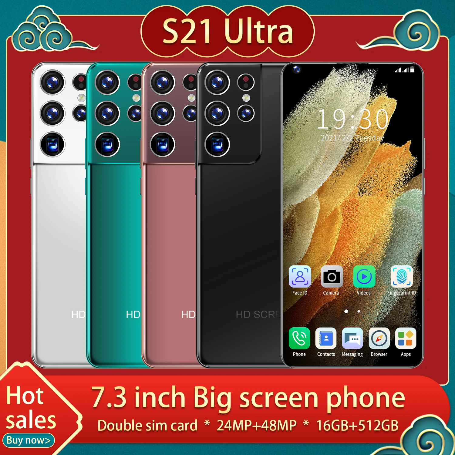 

Galxay S21 Ultra 5G Global Version Smartphone 7.3 inch Full screen 8+256G 6800mAh 24+48MP Dual Sim Card Google Android CellPhone