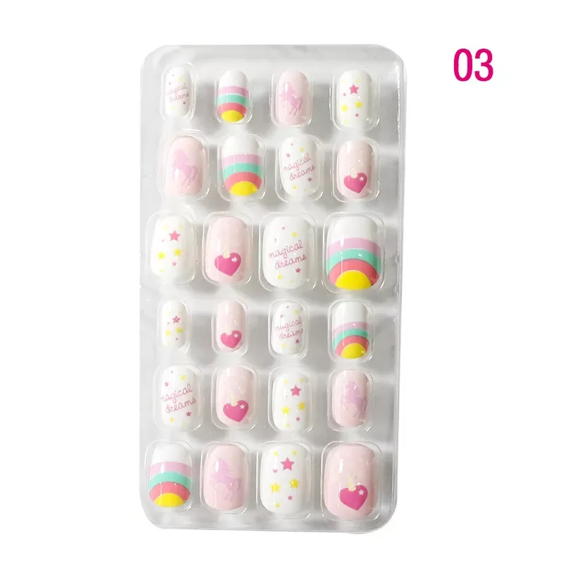

24PCS/Set Candy False Nail Tips Children Cartoon Full Cover Kid Glue Self Fake Nail Art for Girls Manicure Tips Nail Decor