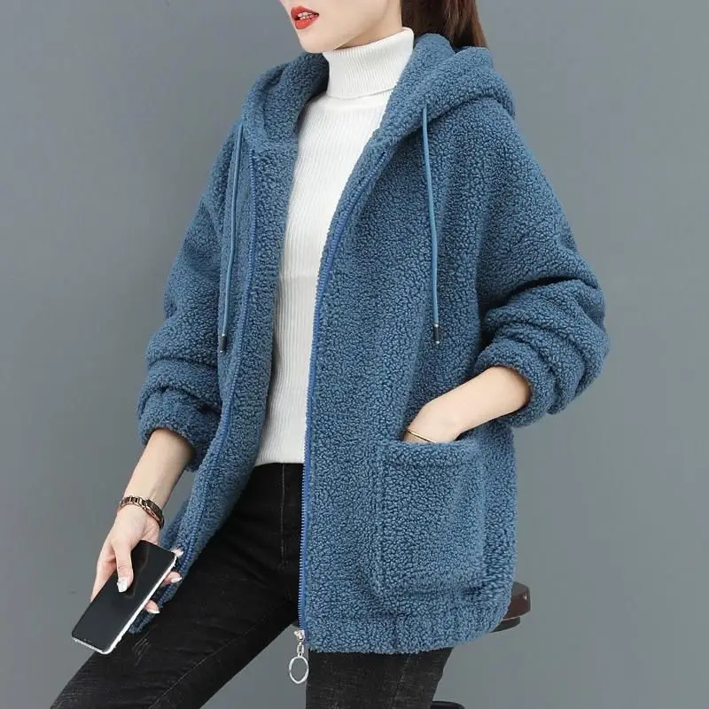 Solid Cardigan Sweater Women's Purple Loose Jacket Thick Autumn  Winter Loose Korean Teddy Velvet Hooded Simple Coat Women