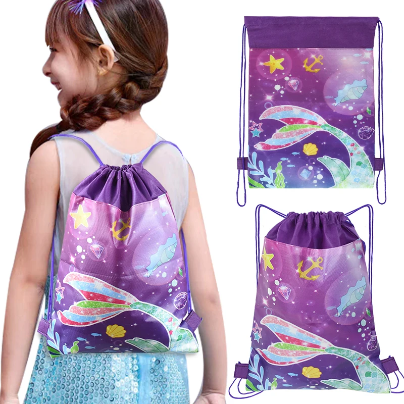

1/3pcs Mermaid Tail Non-Woven Drawstring Pocket Little Mermaid Theme Birthday Party Gift Baby Shower Supplies