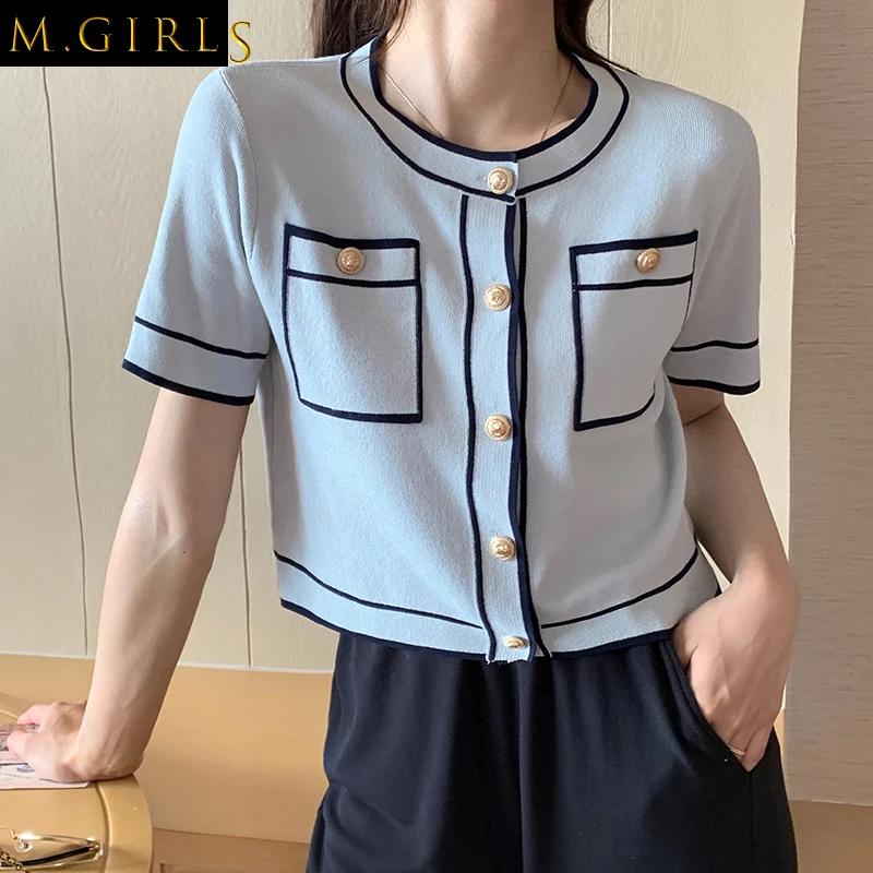 

Women 2022 Summer Fashion Short-sleeved Knitted Tops Female New Short Thin Cardigan Tops Ladies Solid Color Loose Tops
