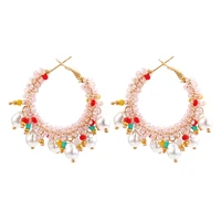 luxhoney bohemian exaggerated za style colored crystal twisted beaded chunky hoop earring for women with pearl charm