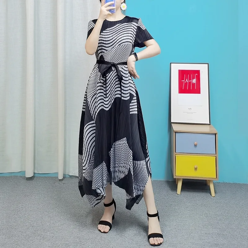 

Женское плиссированное платье миаке, Свободное длинное платье с принтом и круглым вырезом, лето 2022