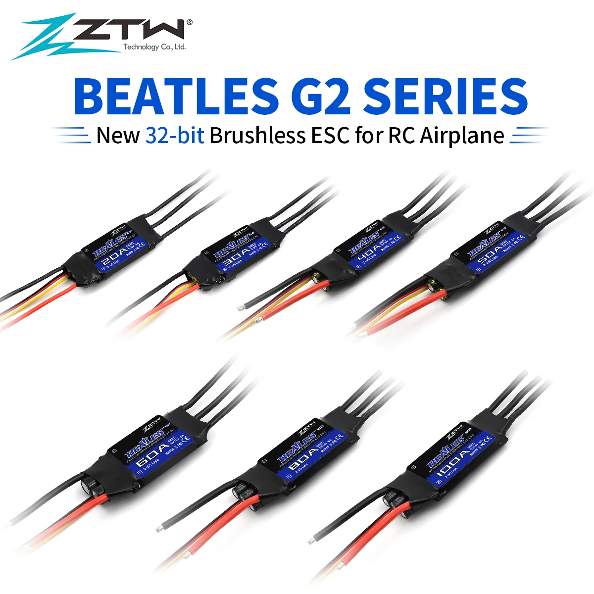 

32-битный бесщеточный ESC Beatles G2 20A/30A/40A/50A/60A/80A/100A 2-6S SBEC 5V/6V 8A контроллер скорости для радиоуправляемого самолета с фиксированным крылом