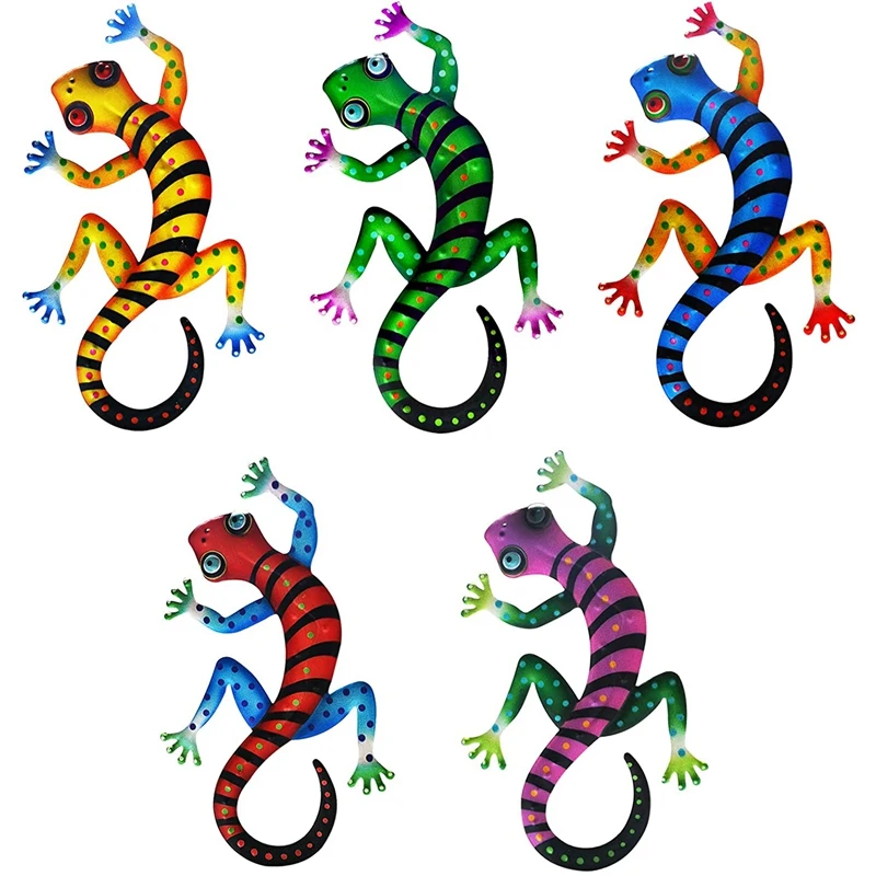 

5 Pcs Metal Gecko Wall Decor Art For Outdoor Backyard Porch Home Patio Lawn Fence Decorations Wall Sculptures