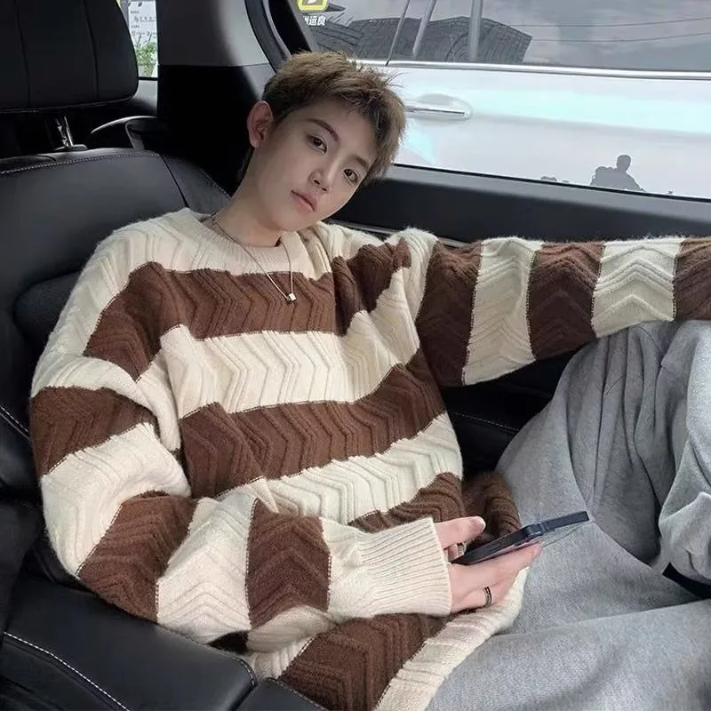 

Striped Sweater Men Autumn and Winter Lazy Style Round Neck Loose Knitted Shirt Wearing Casual Student New Vintage Coat Top Ins