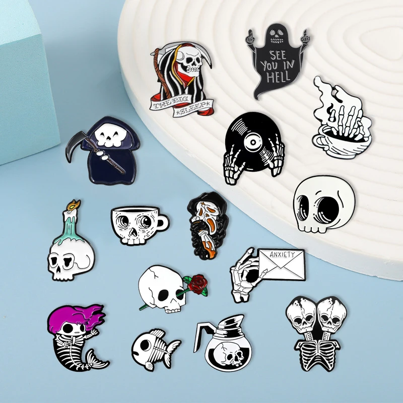 

Fashion Punk Skull Rose Metal Badge Cartoon Mermaid Coffee Cup Skeleton Hand Ghost Scythe Brooch Trendy Jewelry Accessories Gift