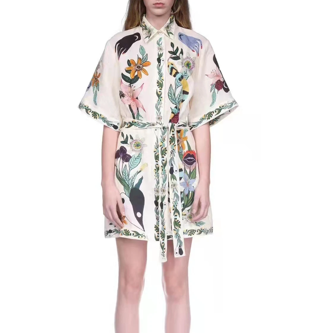 

Богемное стильное свободное однобортное платье-рубашка с поясом, лето 2023