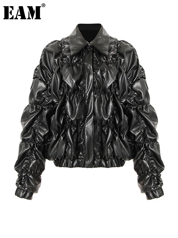 

[EAM] Loose Fit Pu Leather Wrinkled Big Size Jacket New Lapel Long Sleeve Women Coat Fashion Tide Autumn Winter 2023 1DD3602