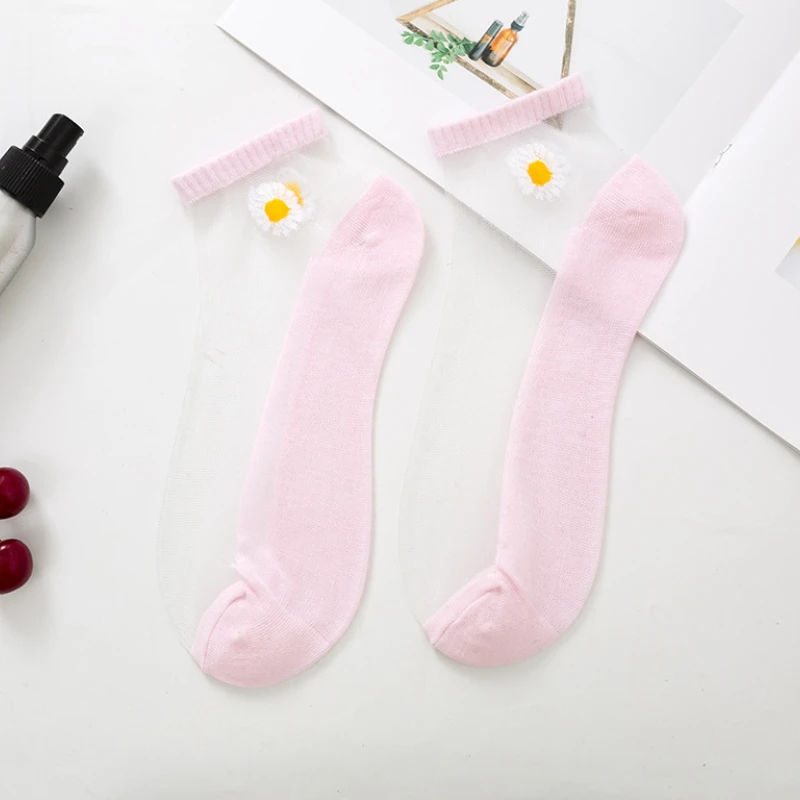10Pairs/Lot Summer Woman Silk Socks Ankle Lace Ultra-thin Girl’s Transparent Glass Fiber Fashion Daisy Flower Cute Style