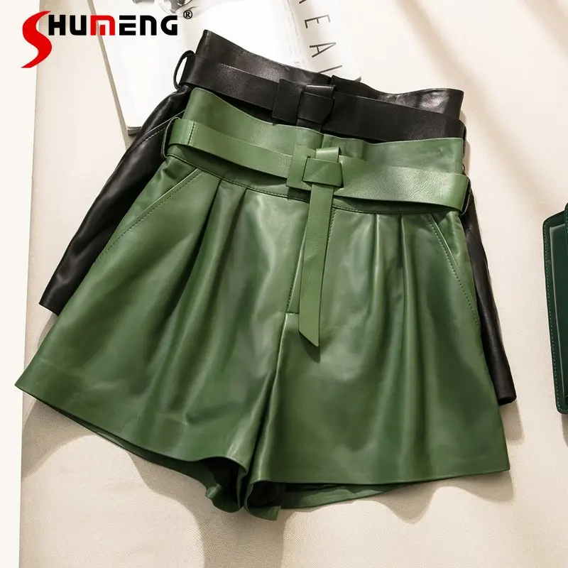 Office Green Sheepskin Leather High Waist Short Pants Women 2022 Autumn and Winter Boot Pant Women's Fashion Pure Leather Shorts